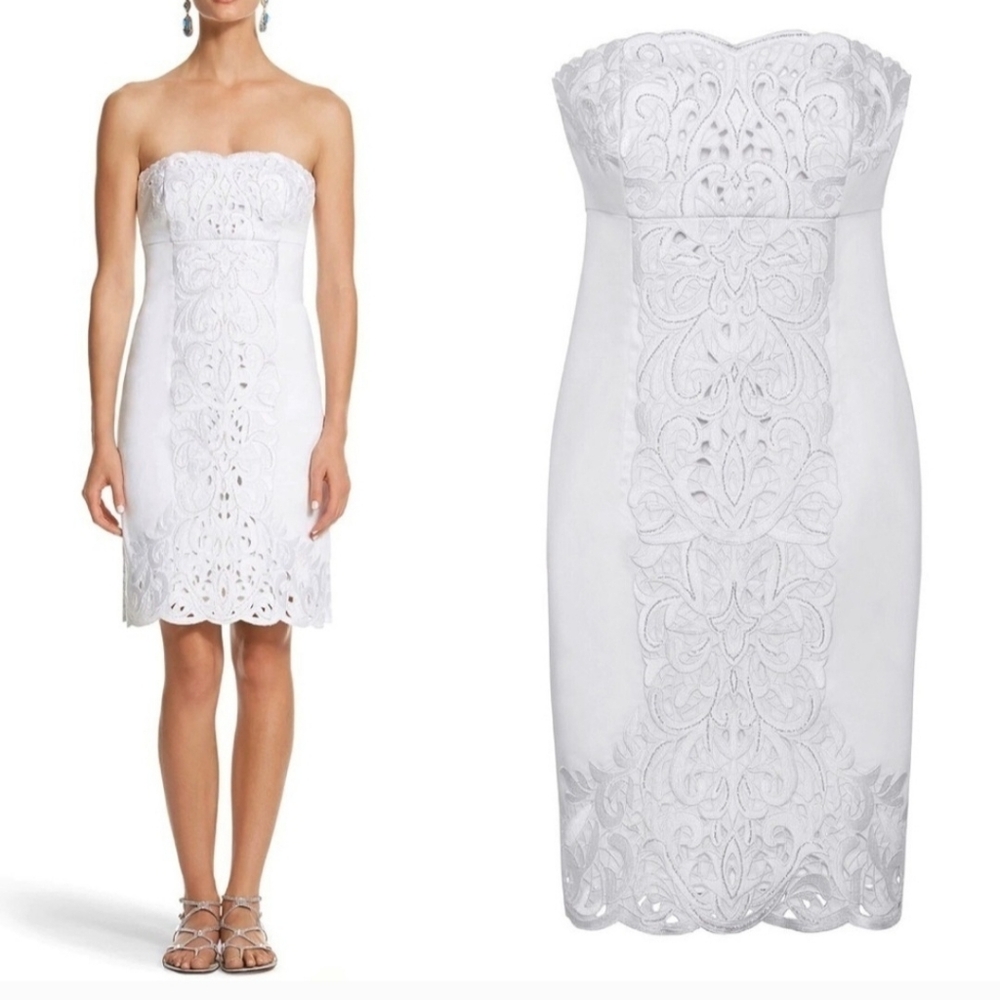 White House Black Market White Embroidered Beaded Cotton Applique Dress 6